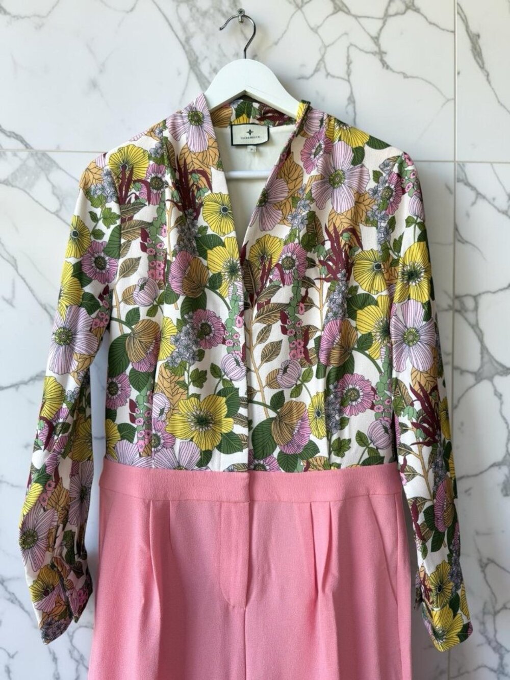 Tuckernuck Floral Jumpsuit Women Size 10 Pink Wide Leg Long Sleeve NWT - Picture 3 of 12